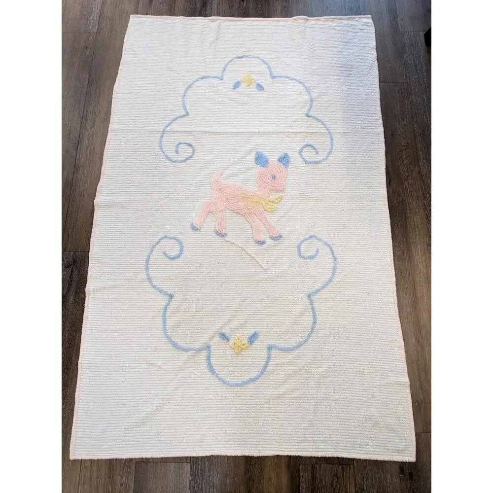 Vintage 1950s Tufted Chenille Pink & Blue Cute Baby Deer Fawn Crib Blanket Flaws
